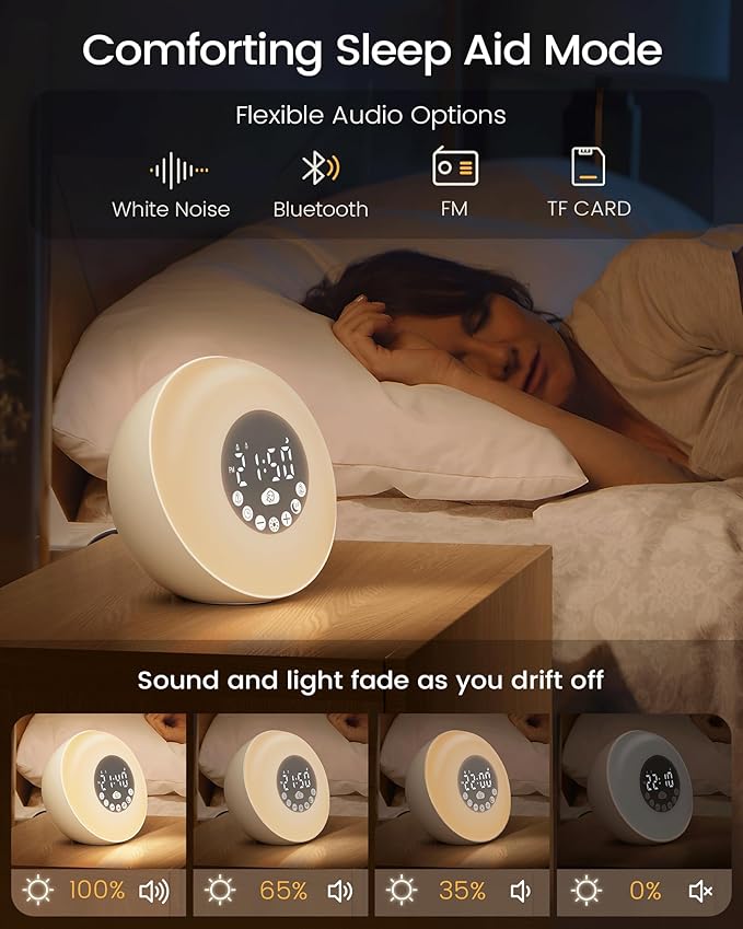 Glocusent Sunrise Alarm Clock for Bedrooms, Dual Alarm Clock Sound Machine & 14 White Noise, 2×Stereo Bluetooth Speaker/Radio/TF, 8 Color Night Light, 10-Level Dimming, Wake Up Light for Adults & Kids