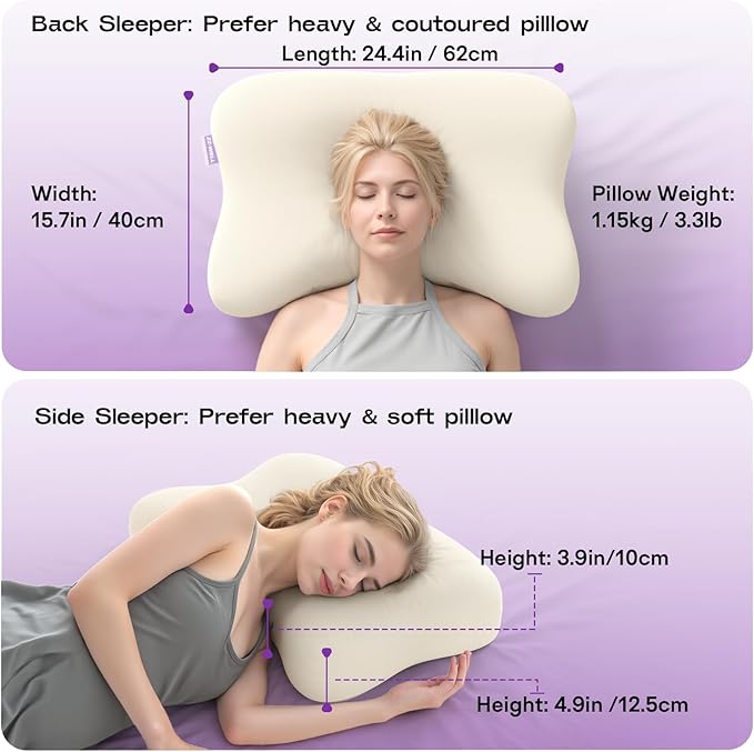 Side Sleeper Pillows - Patented Cervical Neck Pillow for Sleeping with Cooling & Removable Cover- High Loft Heavy Density Memory Foam Pillow for Side Back Sleepers (Beige)