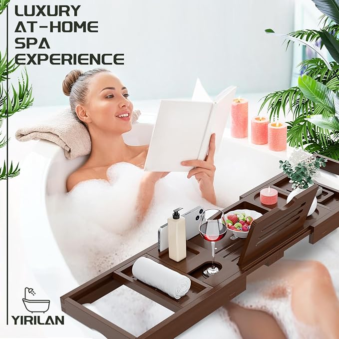 Yirilan Bathtub Trays for Tub,Bath Tray, Foldable Bathtub Caddy,Brown