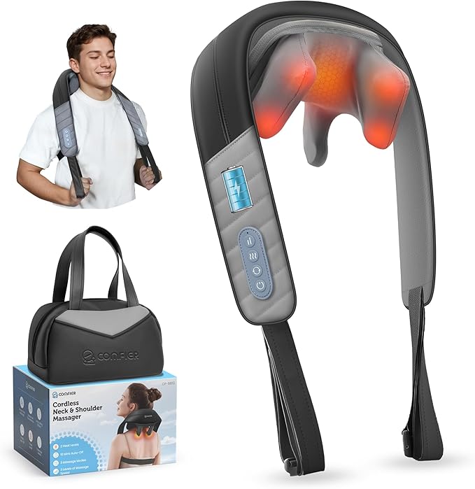 COMFIER 4D Neck Massager for Pain Relief Deep Tissue,Hands-Free Massager for Neck and Shoulder Pain, Wireless Back Massager with Storage Bag, Gift for Mom Dad Women Men