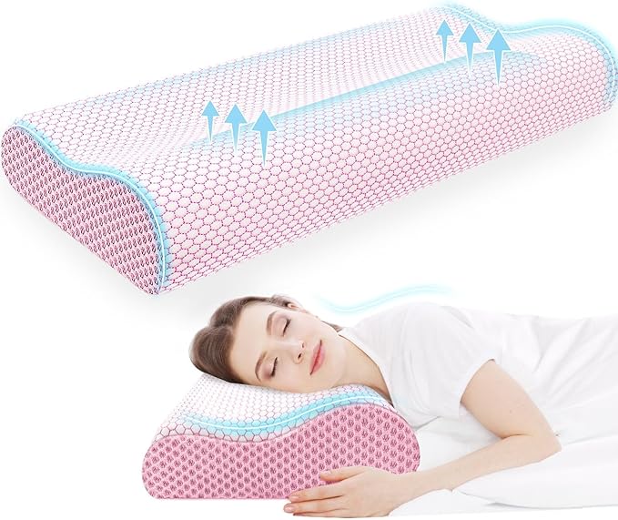 CloudBliss Memory Foam Pillow, Ergonomic Neck Contour Cervical Pillow for Back and Shoulder Pain, Orthopedic Pillow for Neck Pain Relief, for Sleeping Side, Back, Stomach Sleepers - Pink, King