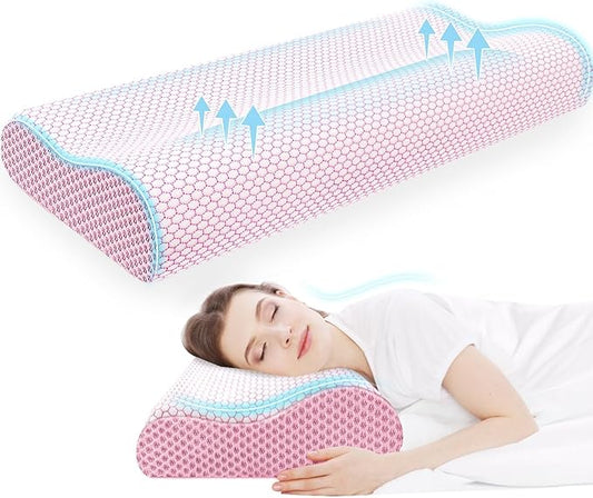 CloudBliss Memory Foam Pillow, Ergonomic Neck Contour Cervical Pillow for Back and Shoulder Pain, Orthopedic Pillow for Neck Pain Relief, for Sleeping Side, Back, Stomach Sleepers - Pink, King