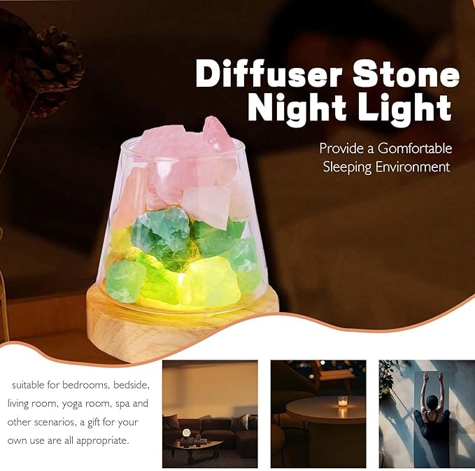 Runyangshi Healing Crystal Night Light Natural Green Fluorite Rose Quartz Raw Stone Aroma Diffuser USB Powered 3 Colour Adjustable Bedside Lamp for Bedroom Living Room Yoga Meditation Home Decor Gift