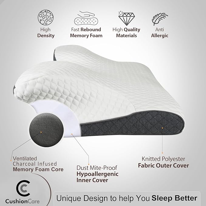 Charcoal Pillow for Neck and Shoulder Pain Relief – Bamboo Charcoal Memory Foam Cervical Pillow with Orthopedic Contour Support & Ventilated Cover – for Side, Back & Stomach Sleepers + Free Eye Mask