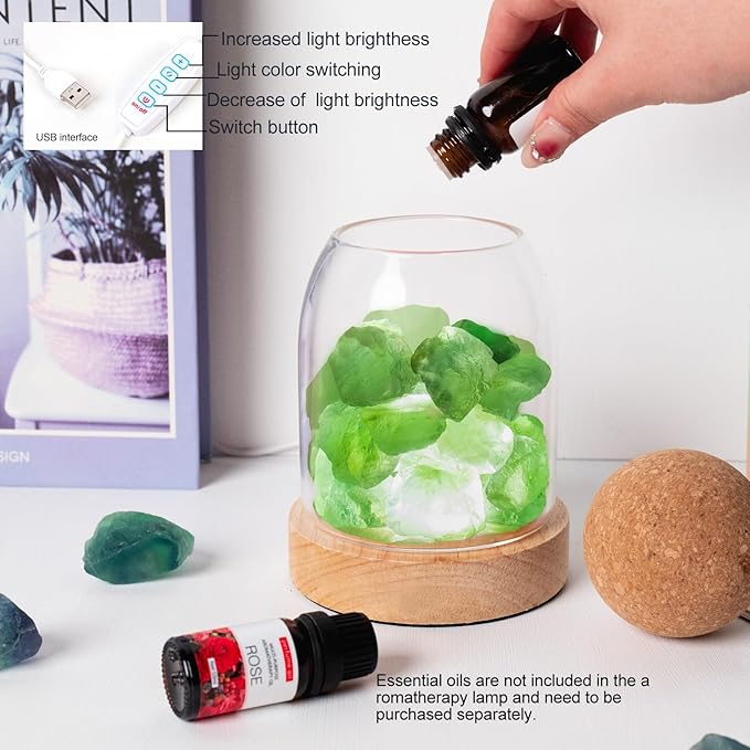 Runyangshi Green Fluorite Night Lamp 6.3" Natural Healing Crystal Aroma Stone Diffuser Bedside Lamp USB Port 3 Colours Dimming Mode Bedroom Lamp Home Decor