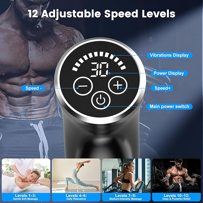 Detachable Long Handle Massage Gun for Back Pain Relief, Deep Tissue Percussion Massager with 12 Speed Levels, Handheld Muscle Massager for Back Shoulders Neck with 4 Attachments