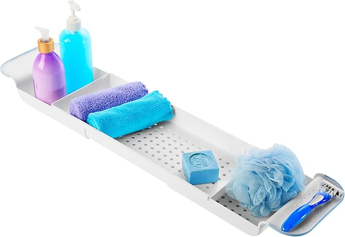 madesmart Expandable Bath Shelf, Adjustable Bathtub Tray for Bath-Night, Holds Glasses, Soaps, Toys & Bath Essentials, Non-Slip Grip, Fits Most Tubs, Blue