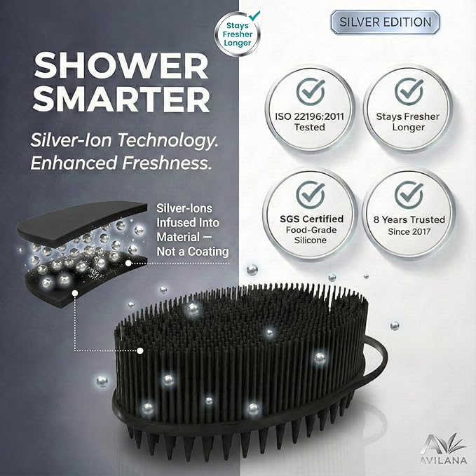 Avilana Silver Edition Scalp Massager Shampoo Brush - Silver-Ion Infused Silicone Scrubber, ISO Tested Soft Bristles, Stays Fresh All Hair Types Gentle Scalp Care Color Treated Safe Women Men Curly