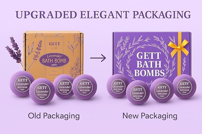 GETT Lavender Bath Bombs 4-pcs, Individually Wrapped Bath Bombs for Men & Women, Luxury Gift Set with Vegan and Essential Oils, Relaxing and Moisturizing Bubble Bath, Organic Bath Essentials for All