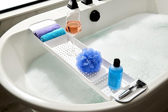 madesmart Expandable Bath Shelf, Adjustable Bathtub Tray for Bath-Night, Holds Glasses, Soaps, Toys & Bath Essentials, Non-Slip Grip, Fits Most Tubs, Blue
