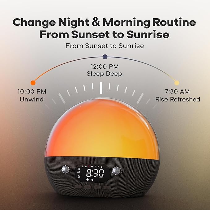 Dekala RestOnn Sunrise Alarm Clock Sunset Sound Machine 7-Day Programmable Loud Dual Alarm Clock, White Noise Natural Sounds for Sleeping Bluetooth Speaker Amber Night Light Smart App Control