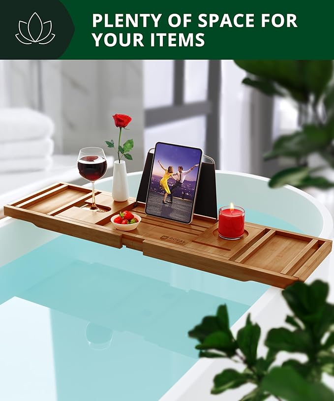 ROYAL CRAFT WOOD Premium Foldable Bathtub Tray Caddy - Wood Bath Tray for Tub, Bamboo Shelf, Expandable Bath Table Trays, Bathtub & Bathroom Accessories for New Home & Mothers, Birthday Gifts for Mom