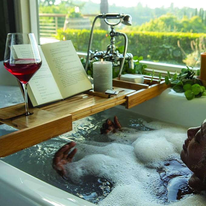 Yogibo Traybo H2O Luxury Bath Caddy Trays for Bathtub, Expandable Adjustable Bamboo Tub Tray Organizer with Book, Wine, Candle Holder for Reading and Spa