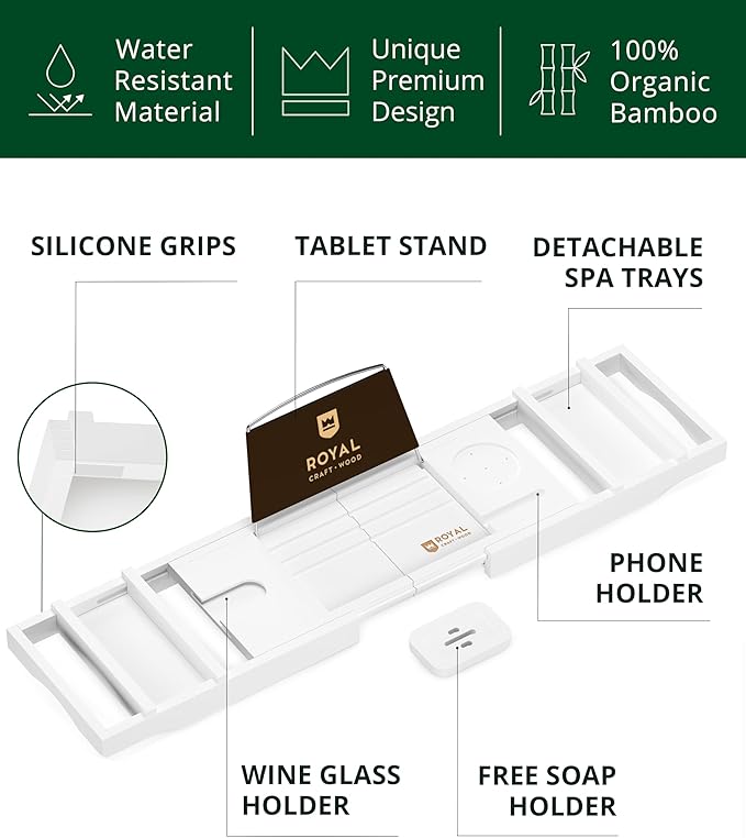ROYAL CRAFT WOOD Premium Foldable Bathtub Tray Caddy - Wood Bath Tray for Tub, Bamboo Shelf, Expandable Bath Table Trays, Bathtub & Bathroom Accessories for New Home & Mothers, Birthday Gifts for Mom