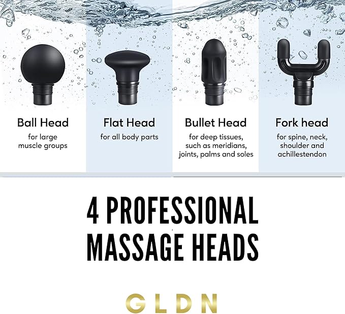 GLDN Mini Massage Gun with Luxurious Gold Finish, High Intensity Deep Tissue Percussion Massager for Back, Neck, & Body Pain, Electric Massager with 4 Massage Heads, Pain Relief Gifts for Men & Women