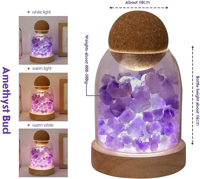 Runyangshi Amethyst Bud Night Lamp 6.3" Natural Healing Crystal Aroma Stone Diffuser Bedside Lamp USB Port 3 Colours Dimming Mode Bedroom Lamp Home Decor