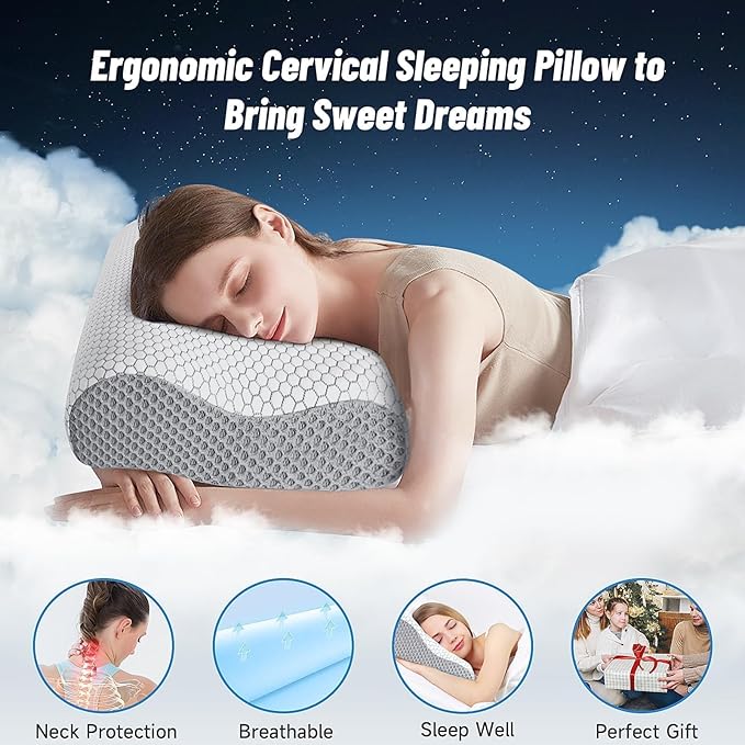 CloudBliss Memory Foam Pillow, Ergonomic Neck Contour Cervical Pillow for Back and Shoulder Pain, Orthopedic Pillow for Neck Pain Relief, for Sleeping Side, Back, Stomach Sleepers - Grey, Queen