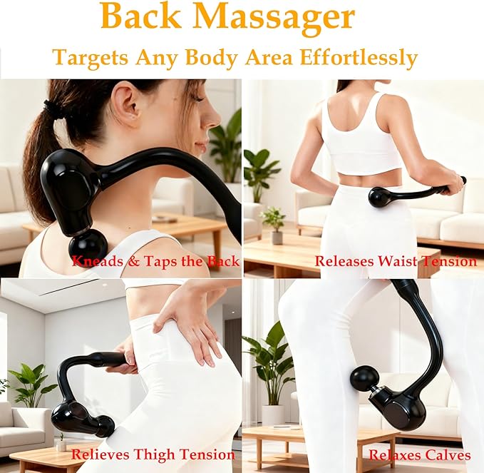 Deep Tissue Percussion Massage Gun with 12mm Penetration and 5-Speed Levels - 4 Heads and Extension Handle for Back Muscle & Neck/Shoulder Pain Relief - Lightweight Portable for Home Gym