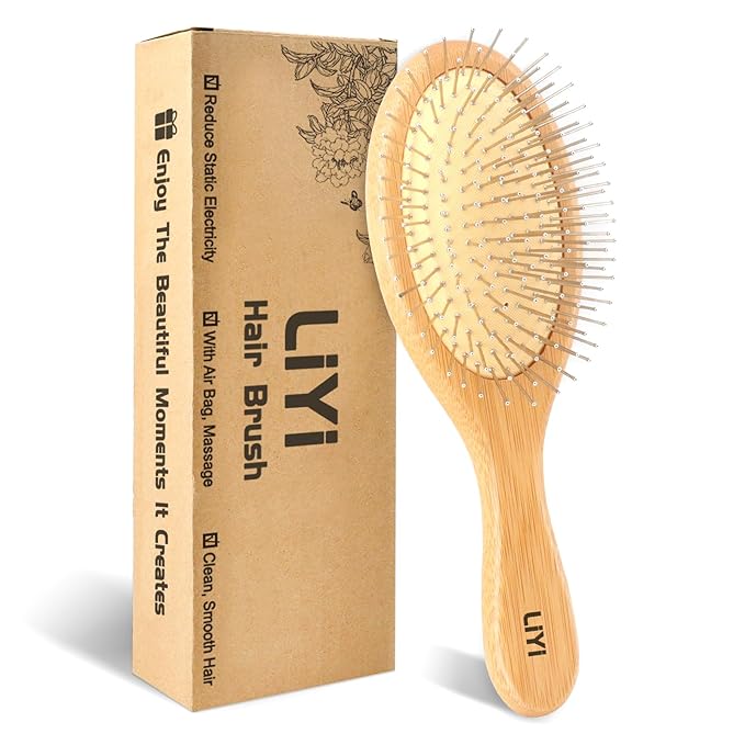 LIYI Bamboo Hair Brush for Hair Growth with Stainless Steel Bristles, Scalp Massager Ergonomic handle Wooden Paddle Brush for Women Men and Kids, for All Hair Types