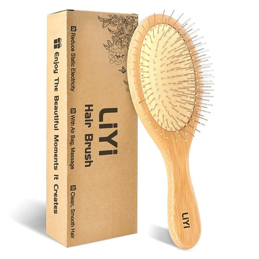 LIYI Bamboo Hair Brush for Hair Growth with Stainless Steel Bristles, Scalp Massager Ergonomic handle Wooden Paddle Brush for Women Men and Kids, for All Hair Types