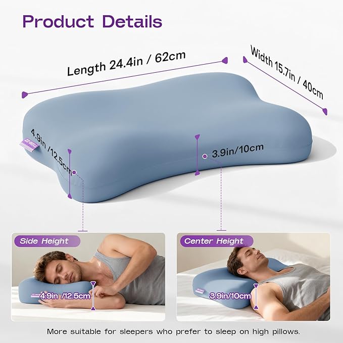 Side Sleeper Pillow - Patented Cervical Neck Pillow for Sleeping with Cooling Cover - High Loft Heavy Density Memory Foam Pillows for Side Sleepers & Broad Shoulders Adults (Blue)