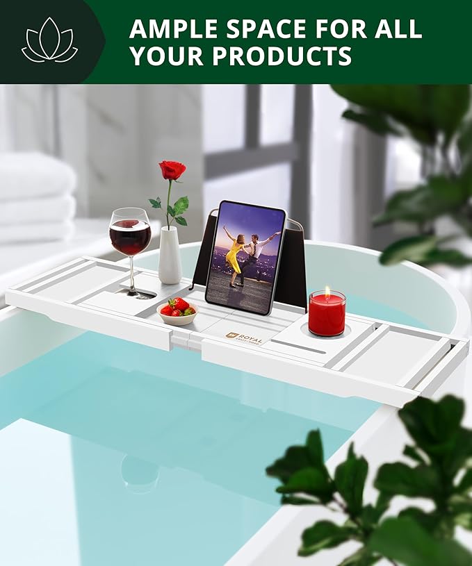 ROYAL CRAFT WOOD Premium Foldable Bathtub Tray Caddy - Wood Bath Tray for Tub, Bamboo Shelf, Expandable Bath Table Trays, Bathtub & Bathroom Accessories for New Home & Mothers, Birthday Gifts for Mom