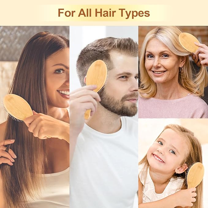 LIYI Bamboo Hair Brush for Hair Growth with Stainless Steel Bristles, Scalp Massager Ergonomic handle Wooden Paddle Brush for Women Men and Kids, for All Hair Types