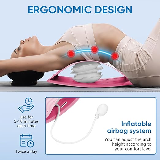 Ergonomic Lumbar Support Board, Lower Back Stretcher Adjustable Air Compression Mat Spinal Decompression Device, Back Stretcher for Lower Back Pain Relief,Ideal for Adults at Home or Work(pink)
