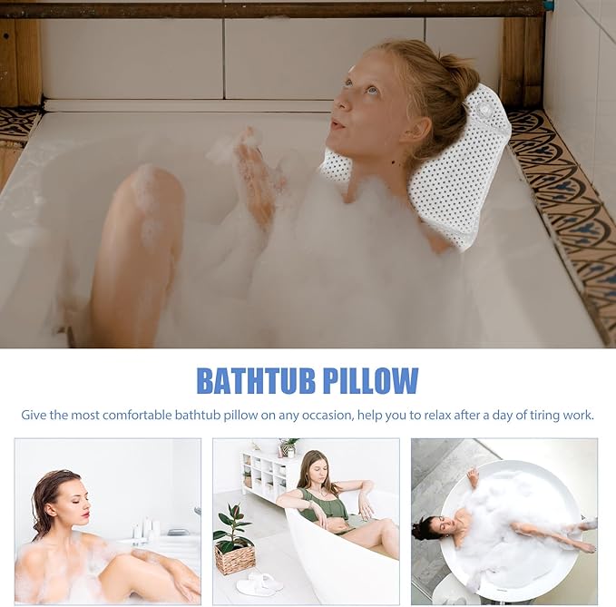 Bath Pillow for Tub Headrest with Suction Cups PVC Foam Soaking Tub Pillow for Home Spa and Hotel Use Non-Slip Neck and Back Support White