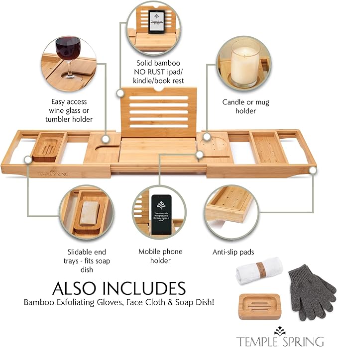 Temple Spring Bamboo Bathtub Tray Caddy for Tub — Expandable Wood Bath Tray with Solid Book Stand Wine Holder and Non-Slip Pads — Includes Bamboo Soap Dish and Spa Accessories — Luxury Bath Gift Set