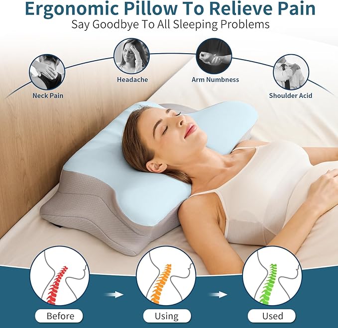 Cervical Neck Pillow for Pain Relief - Ergonomic Memory Foam Pillows for Sleeping, Cooling Side Sleeper Pillow for Neck Support, Contour Orthopedic Bed Pillow for Sleepers