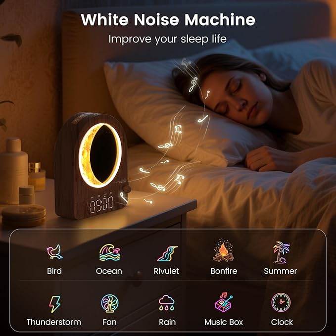 Sunrise Alarm Clock, White Noise Machine & Meteor Moonlight - 10 Soothing Sounds, Dual Alarms, 30/60/90min Timer, Easy Snooze - Bedroom Gift for Insomnia Adults/Women - Walnut