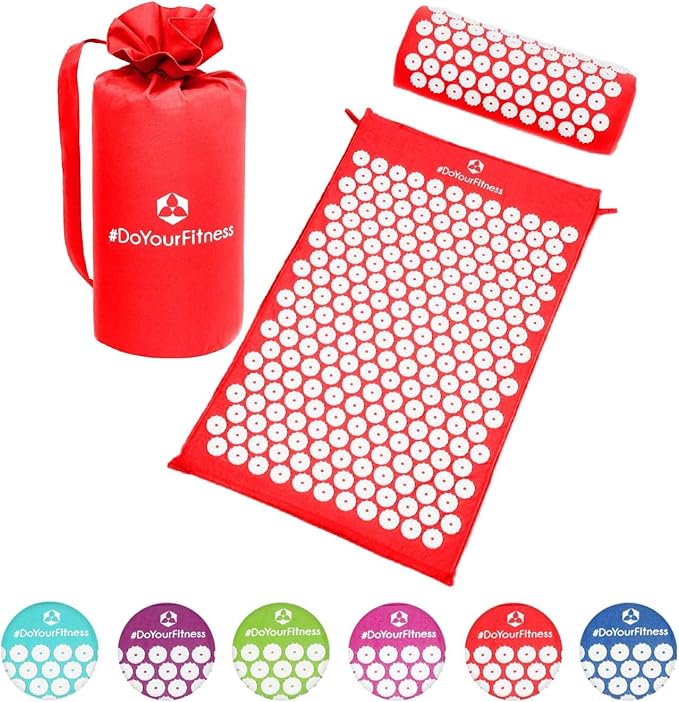 Acupressure Mat and Pillow Set - Relieves Stress, Back, Neck, and Sciatic Pain - Comes with a Vinyl Carry Bag for Storage and Travel - Red