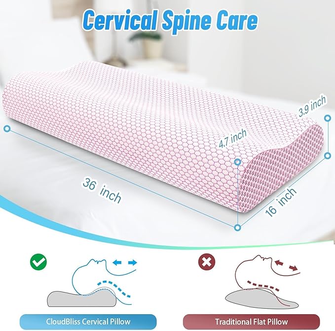 CloudBliss Memory Foam Pillow, Ergonomic Neck Contour Cervical Pillow for Back and Shoulder Pain, Orthopedic Pillow for Neck Pain Relief, for Sleeping Side, Back, Stomach Sleepers - Pink, King