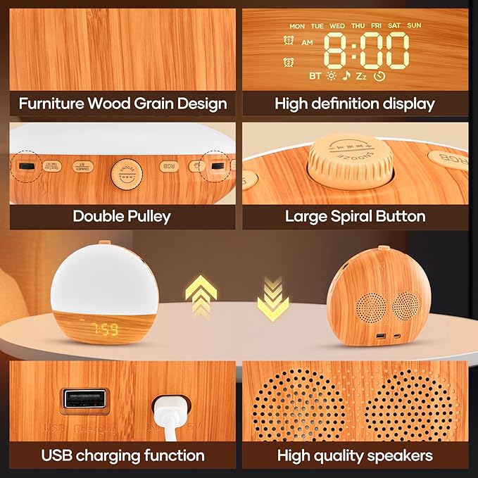 Sunrise Alarm Clock, Sound Machine, Wood Grain Dimmable Night Light for Heavy Sleepers, White Noise Machine for Baby, Dual Alarm Function 30 Sleep Sounds, Wake Up Light with 17 Effects
