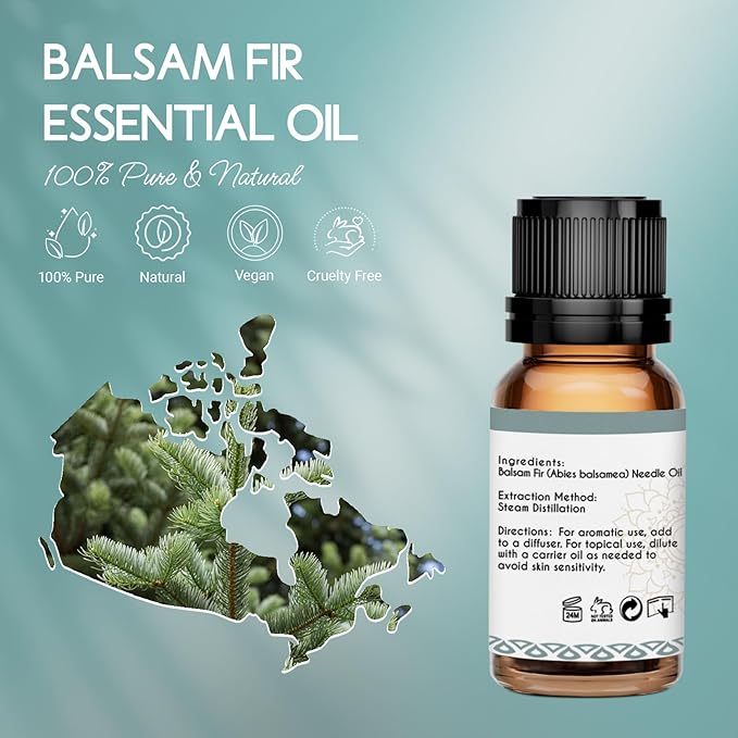 100% Pure Organic Balsam Fir Essential Oil 0.34 Fl Oz, Natural Balsam Fir Oil in Amber Glass Bottle with Dropper for Diffuser Massage Skin Care DIY