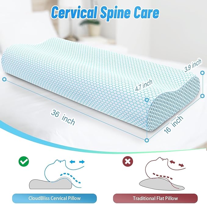 CloudBliss Memory Foam Pillow, Ergonomic Neck Contour Cervical Pillow for Back and Shoulder Pain, Orthopedic Pillow for Neck Pain Relief, for Sleeping Side, Back, Stomach Sleepers - Blue, King