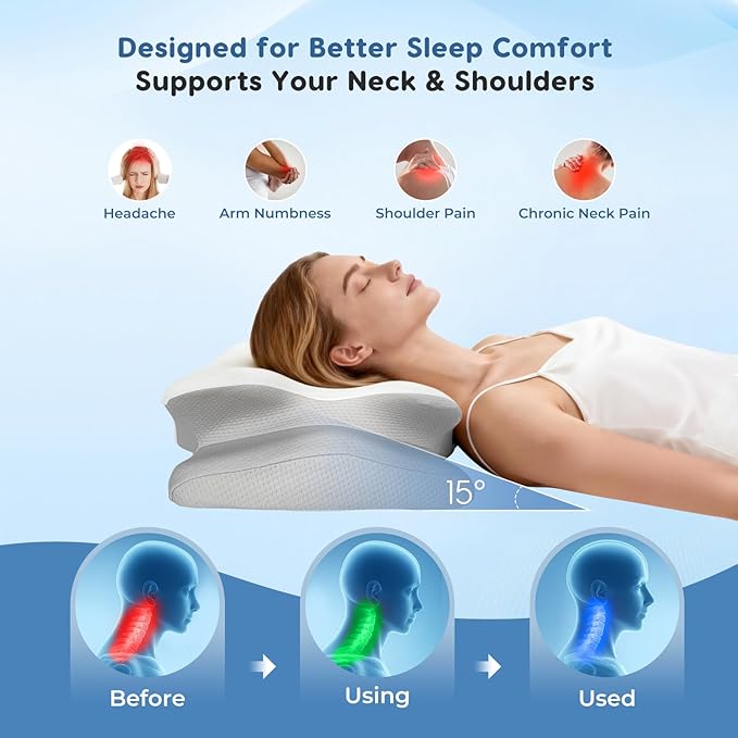 Cervical Neck Pillow for Sleeping Ergonomic Memory Foam Pillow for Neck Pain Relief, Dual Height Contour Support with Cooling Breathable Pillowcase for Side Back Stomach Sleepers