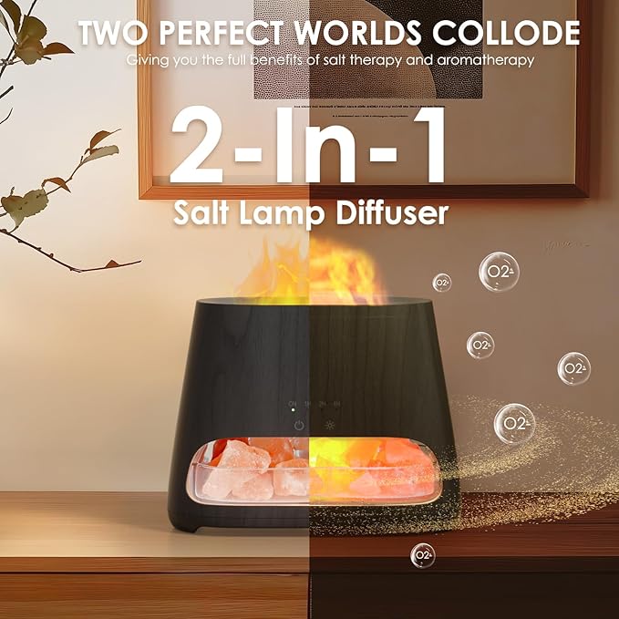 SALKING 2-in-1 Himalayan Salt Lamp & Ultrasonic Essential Oil Diffuser, Aromatherapy Diffuser Cool Mist Humidifier, Salt Therapy Lamp, Ambient Glow, 150ml (Black Wooden Grain)