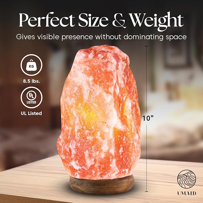 UMAID Himalayan Salt Lamp 8-10 inch (7-11 lb) with Dimmable Switch and Night Light Bulb on Handcrafted Wooden Base, Natural Pink Rock Salt Lamp