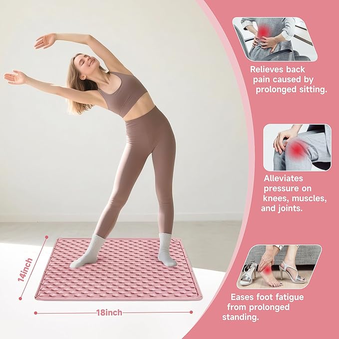 Foot Massage Acupressure Mat, Portable Silicone Reflexology Pad, Moderate Hardness Pressure Point Mat, Anti-Fatigue Mat, Connectable for Jogging & Home Use, 18'×14'inch, Pink