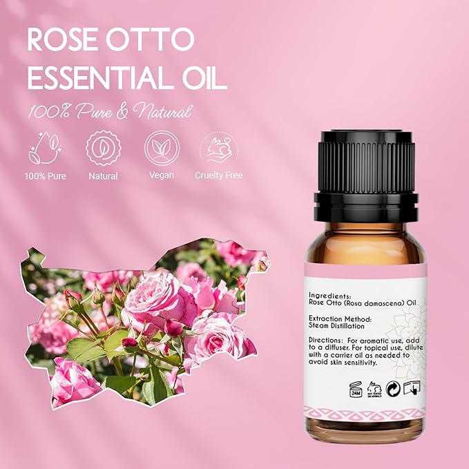 100% Pure Rose Otto Essential Oil 0.34 fl oz, Natural Rose Otto Oil in Amber Glass Bottle with Dropper for Diffuser Massage Skin Care