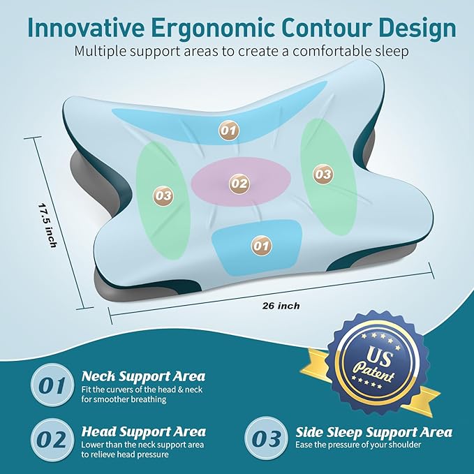 Cervical Pillow for Neck Pain Relief - Ergonomic Neck Pillow for Sleeping Contour Memory Foam Pillows with Cooling Pillowcase, Orthopedic Bed Pillow for Side Back Stomach Sleepers
