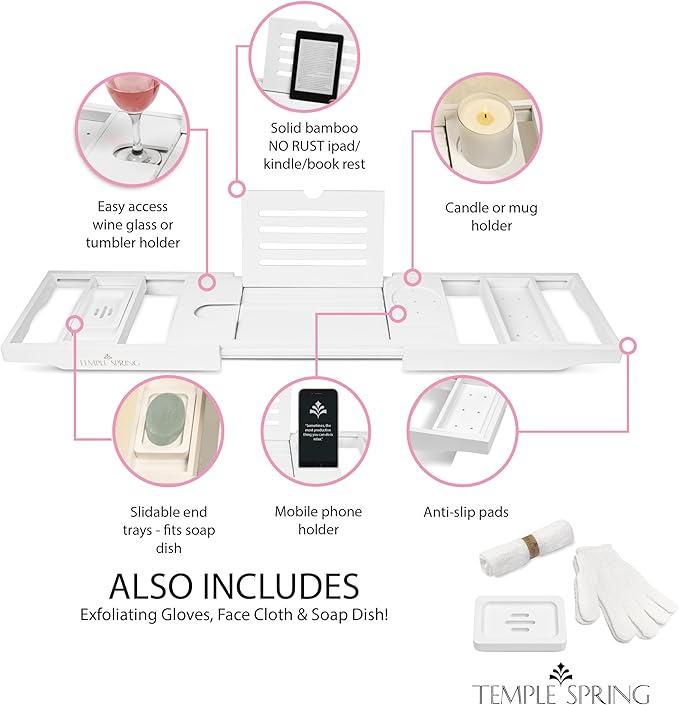 Temple Spring Wooden Bathtub Tray, Bamboo Bathroom Accessories, Bath Tray for Tub, at Home Spa Essentials, Board for Tub Table, Bath Caddy for Bathtub Accessories & Bathroom Essentials – White