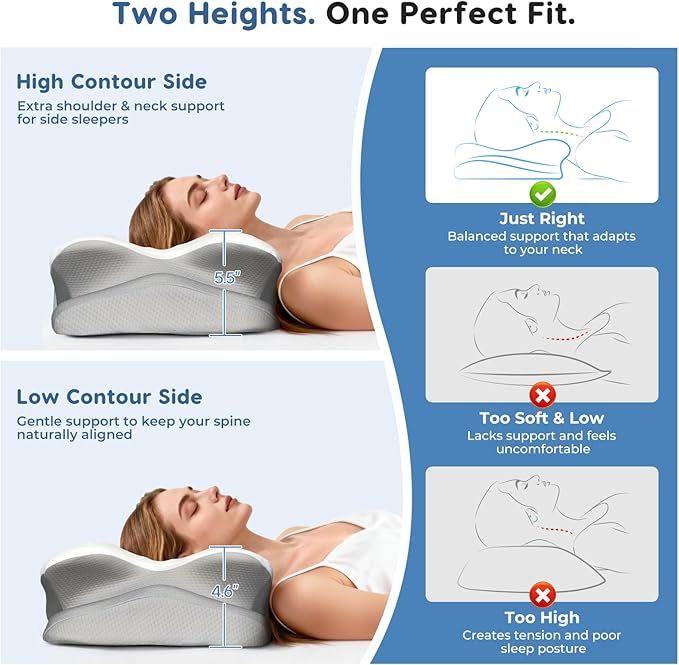 Cervical Neck Pillow for Sleeping Ergonomic Memory Foam Pillow for Neck Pain Relief, Dual Height Contour Support with Cooling Breathable Pillowcase for Side Back Stomach Sleepers
