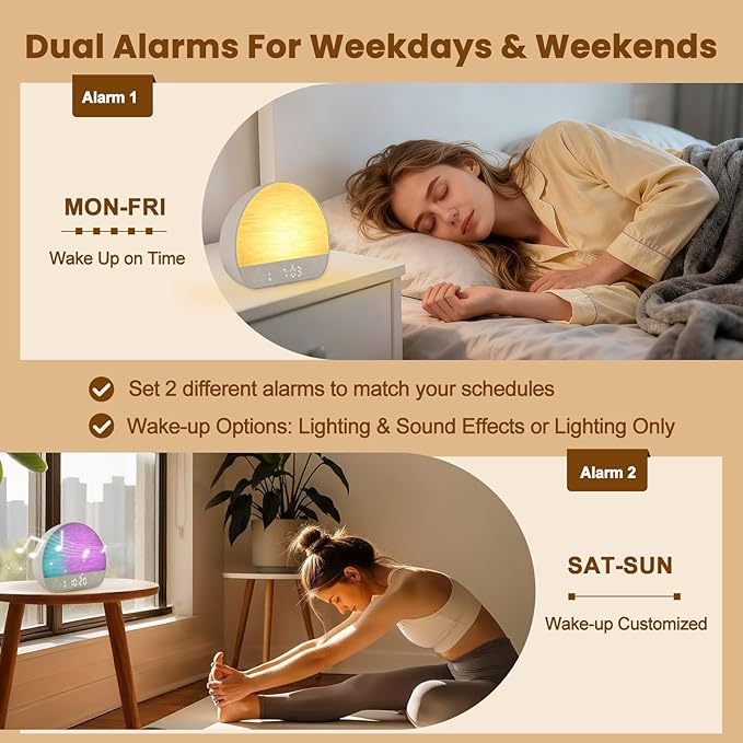 Tap Snooze Sunrise Alarm Clock, Wake Up Light Alarm with Remote Control, Bluetooth Speaker & USB Charging, 37 Sounds White Noise Machine, 15 Colors Dimmable Night Light for Heavy Sleepers