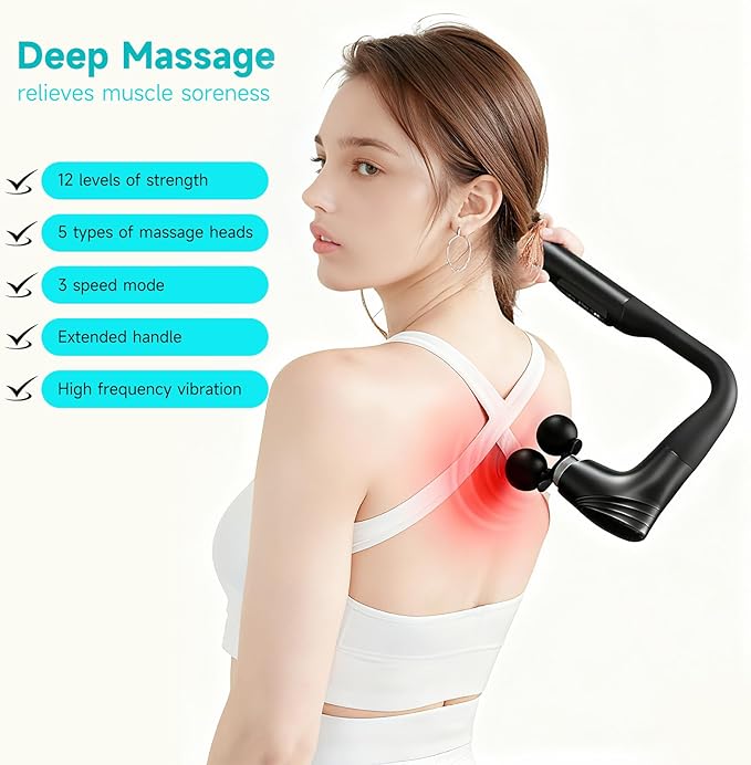 Double-Headed Elbow Massage Gun, Percussion Muscle Massager, Suitable For Sore Muscles In The Back, Shoulders, Waist And Legs, Detachable Extended Handle, 12-Speed Adjustable, 5 Heads Are Replaceable