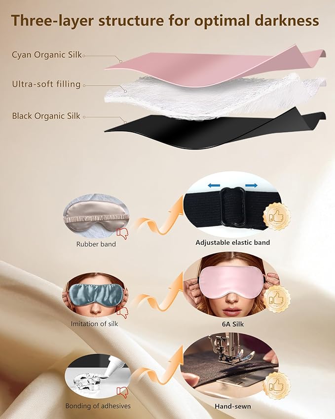 Silk Sleep Mask for Women - Soft Breathable Organic Natural Mulberry Silk Fabric Blackout Eye Mask for Sleeping with Adjustable Straps No Pressure Eye Mask for Travel Essentials Gifts (Pink)
