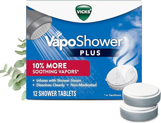 Vicks, VapoShower Plus, Shower Steamers, Eucalyptus Shower Steamer & Menthol Scent, Clean Dissolving Vapor Shower Tablets, Aromatherapy Shower Steamer & Shower Bombs, 12 count