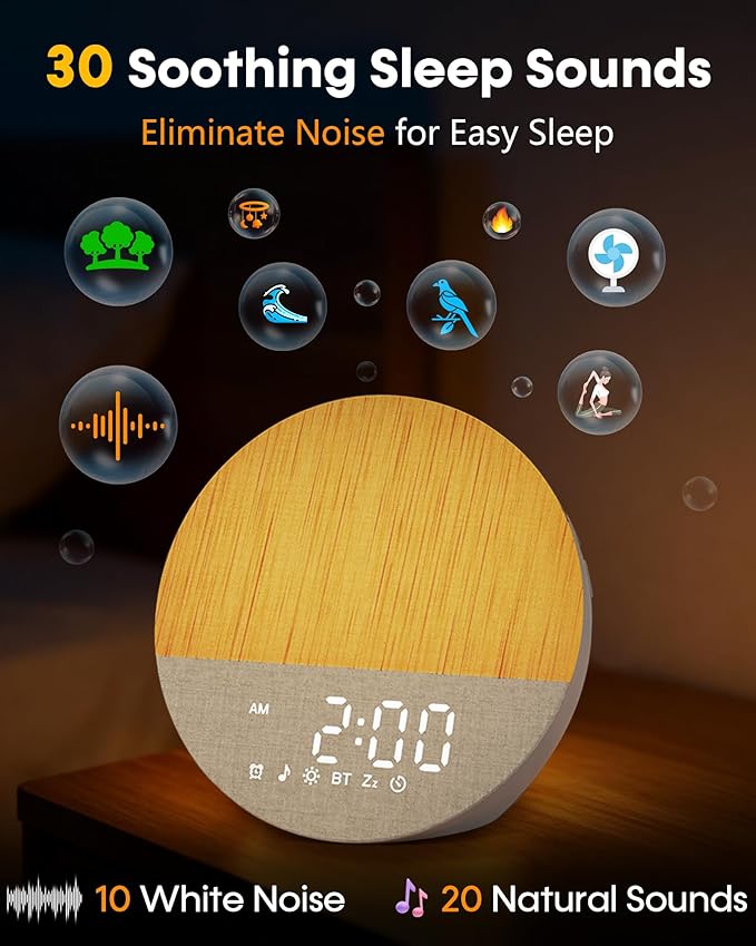 Sunrise Alarm Clock with Sound Machine: Gentle Gradual Wake Up Light for Heavy Sleepers Relieve Anxiety Dimmable Clock with Bluetooth Memory for Bedroom - White Noise Machine with 30 Sleep Sounds